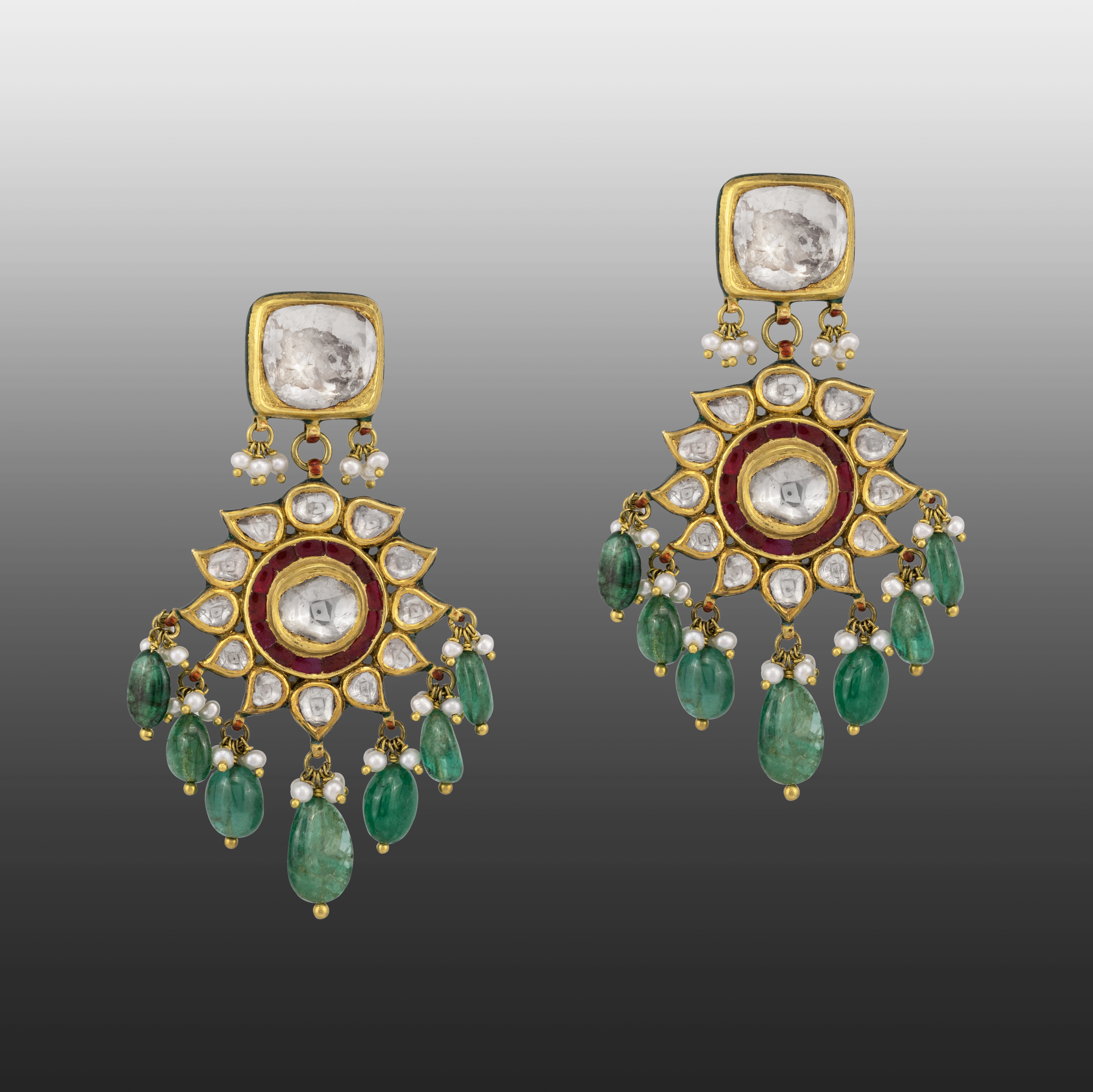 Red Talaf Earring with Emerald and Polki Floral Design